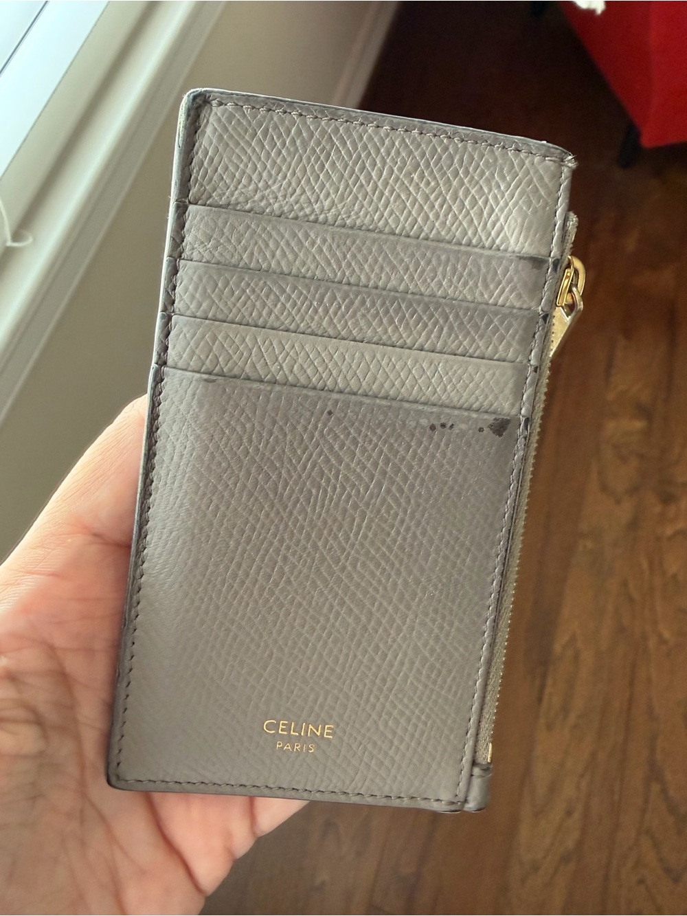 Celine Taupe Gray Textured Leather Card Case Wallet with Zipper